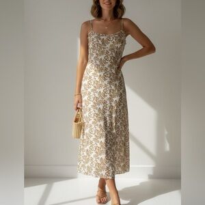 Wilfred Cream Slip Midi Dress with Gold Scroll Print